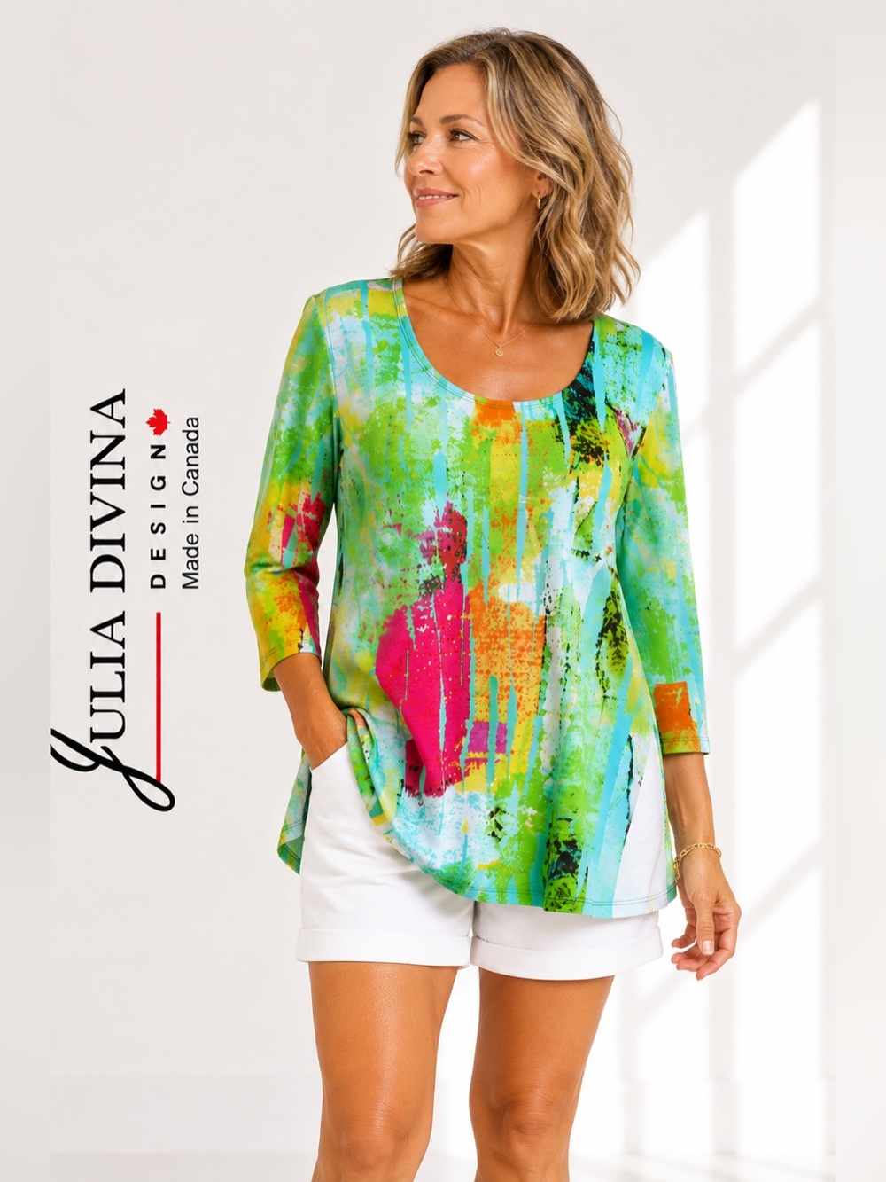 •Julia Divina Abstract Print Tunic Top Made in Canada Women’s Large Multicolor